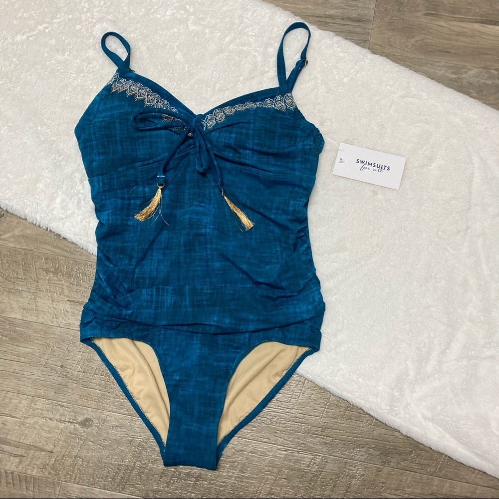 NWT Teal embroidered gold underwire swimsuit 8 C/D